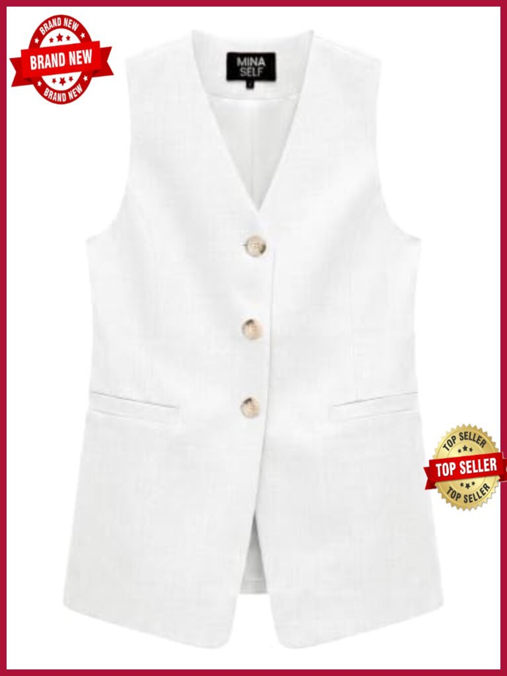 Linen Cotton Blend Sleeveless Vest Top V-Neck Button Pockets Office Casual